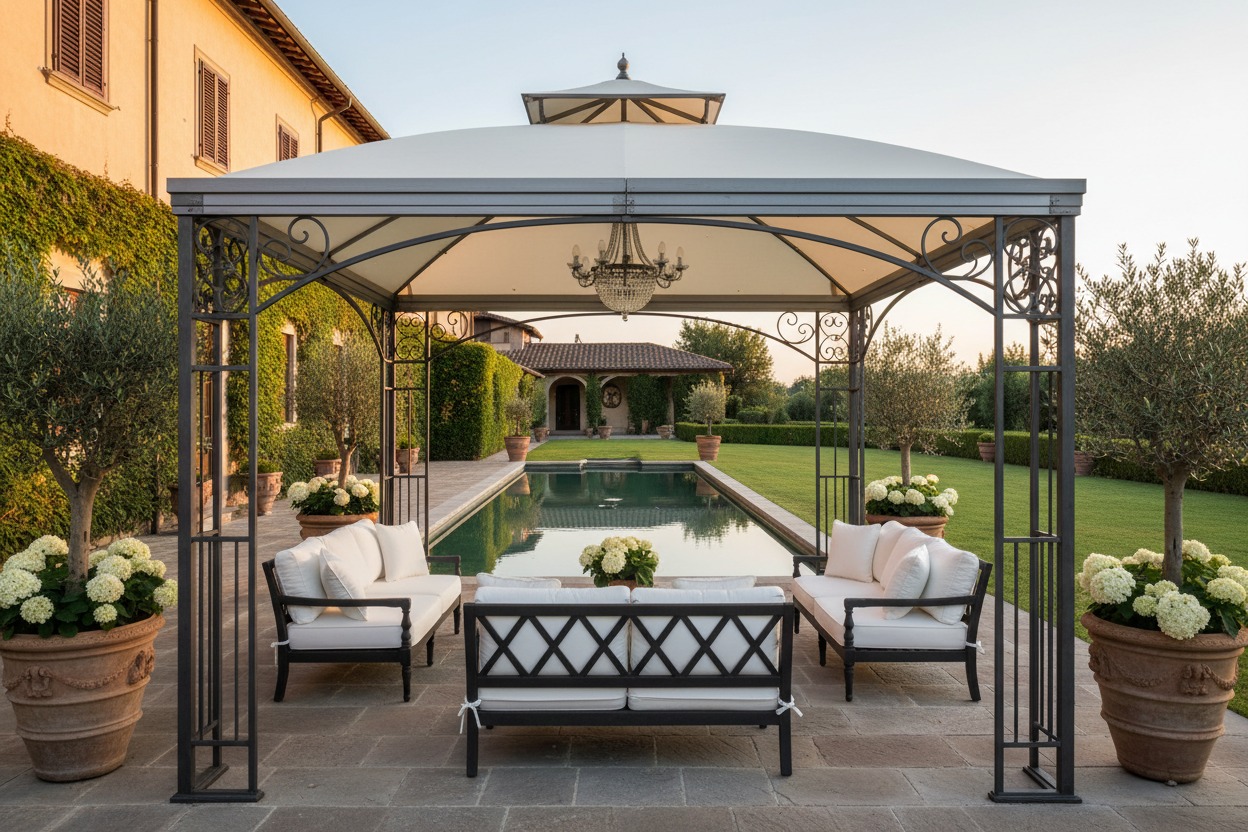 struttura per gazebo in ferro con telo pvc bianco