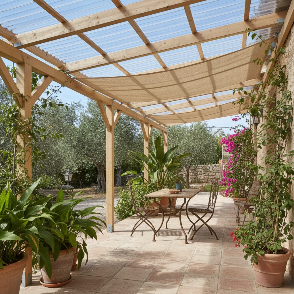 Un patio esterno con pergolato in legno coperta da teli in pvc trasparenti