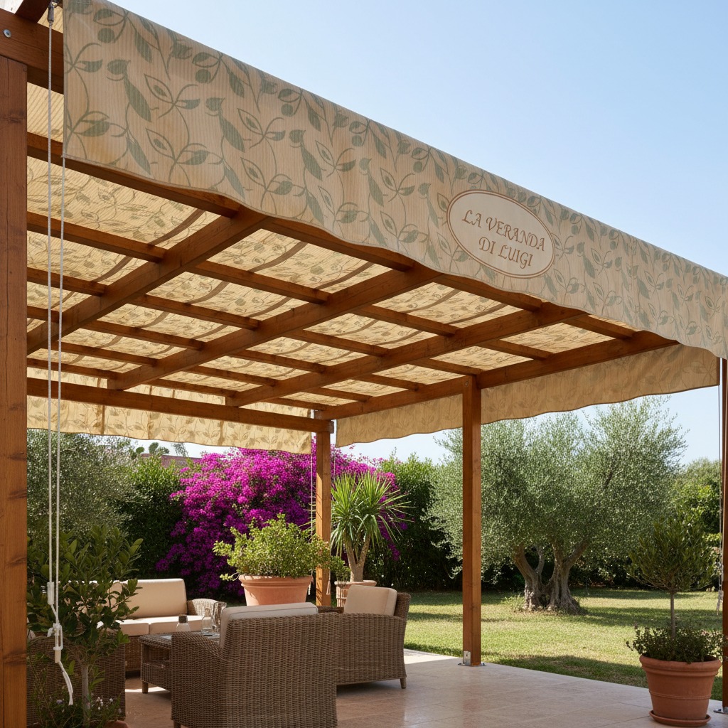 veranda in legno con tenda parasole in pvc decorata e logo
