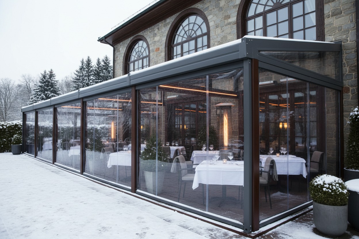 chiusura invernale di una veranda esterna riscaldata di un ristorante con tavoli apparecchiati, circondata da un paesaggio innevato.